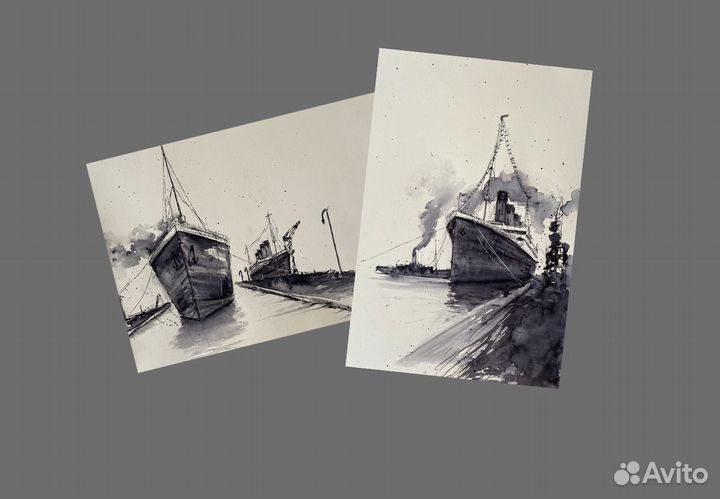 Картина Титаник Олимпик акварель чернила