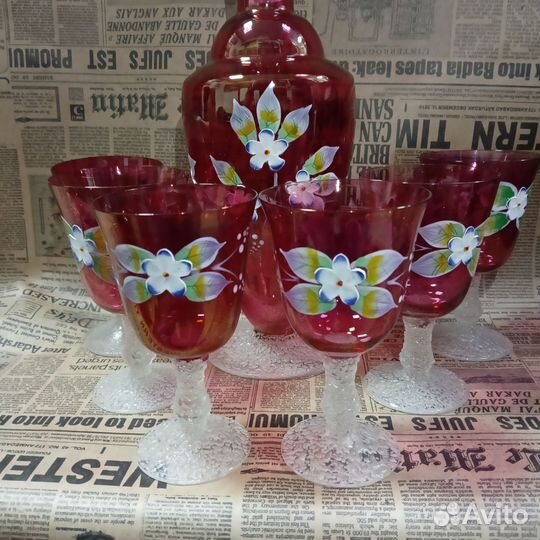 Графин с фужерами из розового Богемского стекла