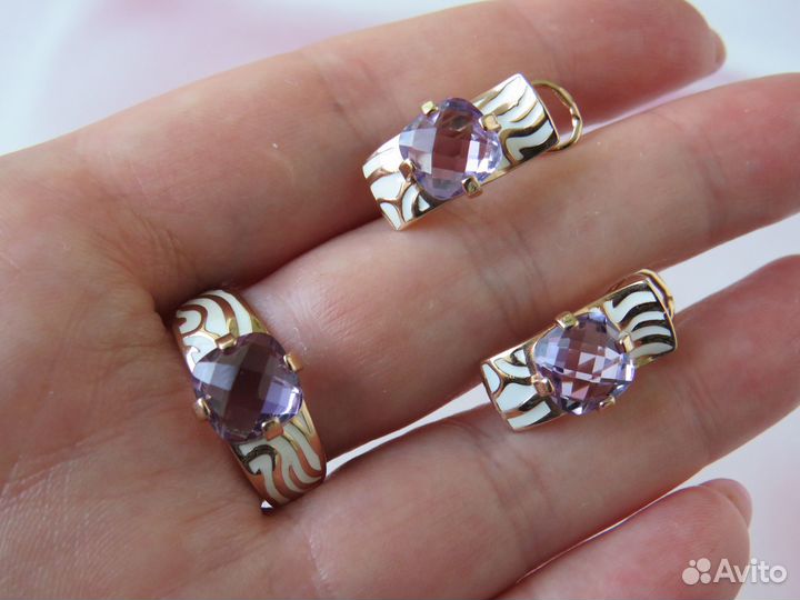 Аметист Серебряное кольцо Серьги Серебро 925 Эмаль