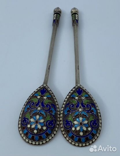 Ложки чайные пара серебро 84 проба эмаль