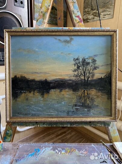 Картина мслом, пейзаж, Вечер на пруду