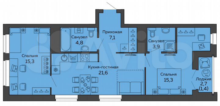 2-к. квартира, 69,4 м², 7/25 эт.
