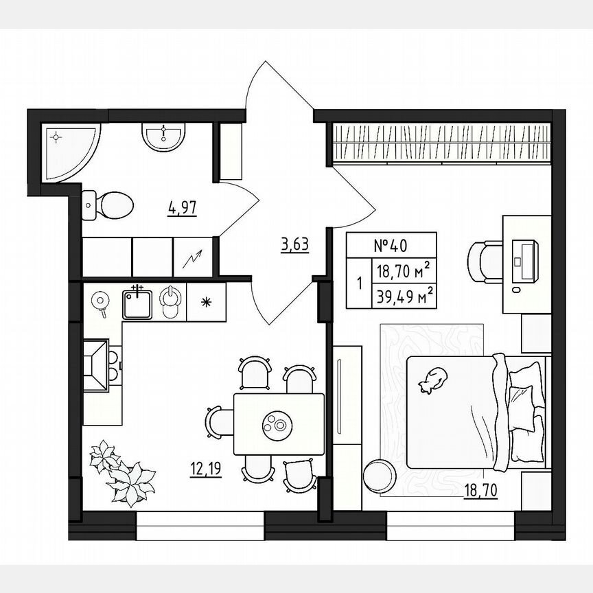 1-к. квартира, 39,5 м², 1/4 эт.
