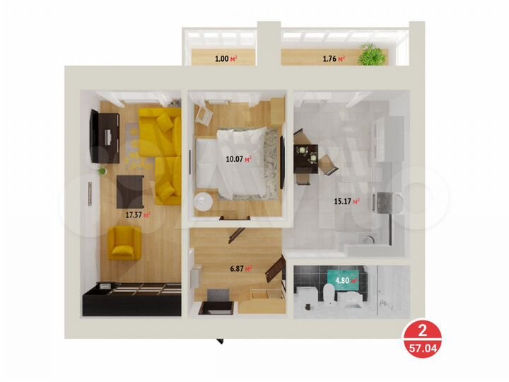 2-к. квартира, 57 м², 5/16 эт.