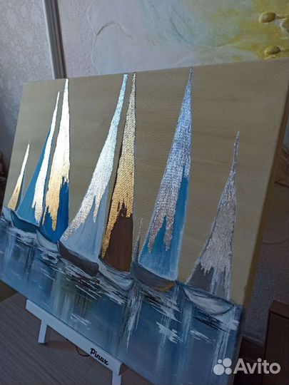 Картина на холсте с золотой и серебряной поталью