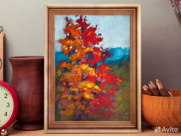 Картина осень пейзаж живопись масляная пастель