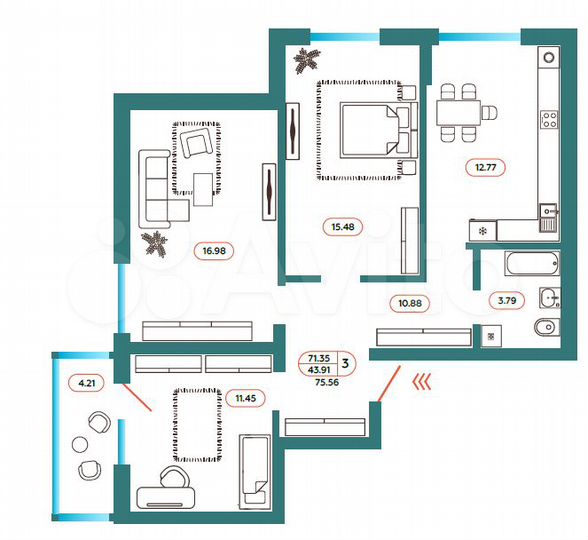 3-к. квартира, 75,5 м², 3/6 эт.
