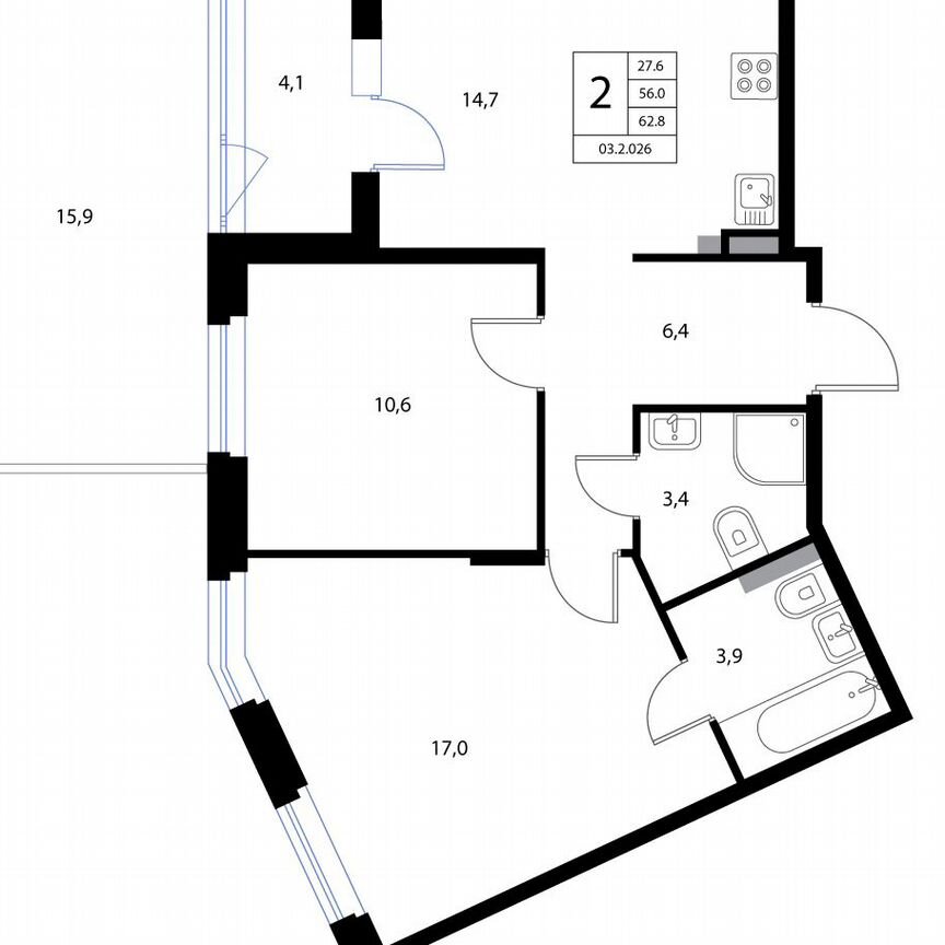 3-к. квартира, 62,8 м², 1/3 эт.