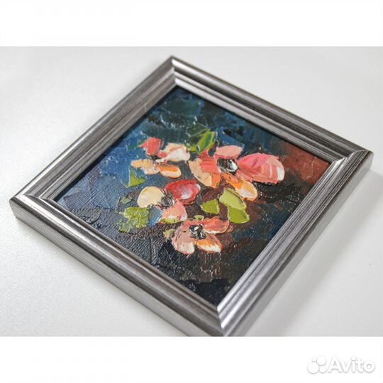 Красные маки в раме картина маслом 10х10 см