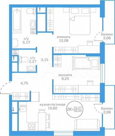 2-к. квартира, 52,3 м², 20/20 эт.