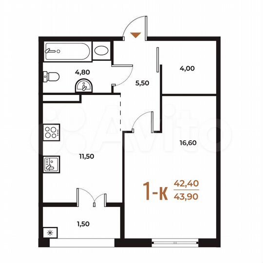 1-к. квартира, 43,9 м², 6/8 эт.