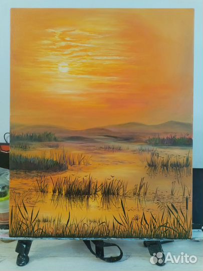 Картина маслом Оранжевый закат над озером