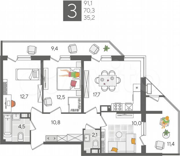 3-к. квартира, 91,1 м², 23/24 эт.