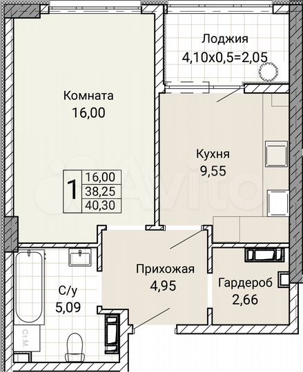 1-к. квартира, 40,3 м², 4/9 эт.