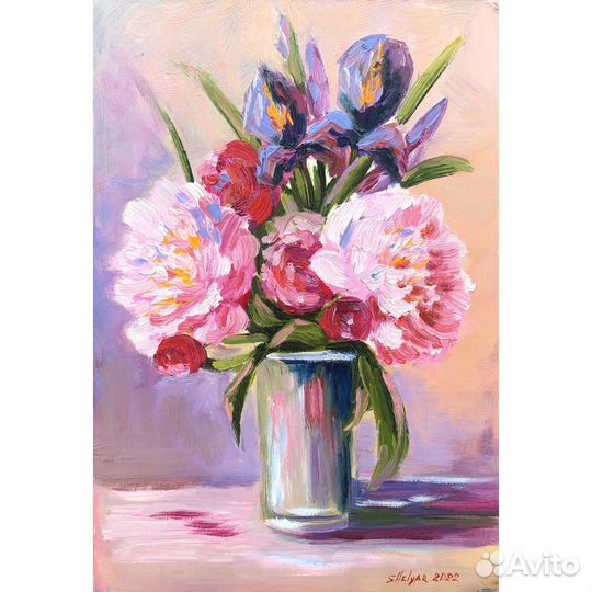 Картина маслом Цветы Пионы 30х20см