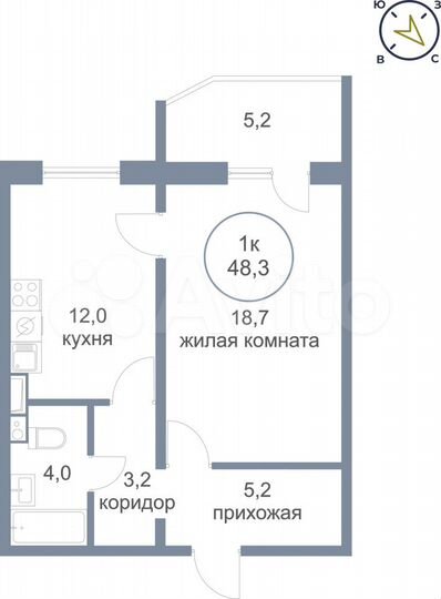 1-к. квартира, 48,3 м², 9/17 эт.