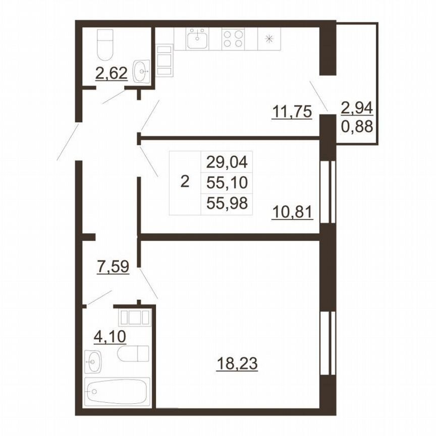 2-к. квартира, 56 м², 5/6 эт.