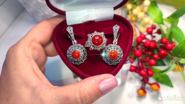 Винтаж СССР кольцо и серьги с сердоликом Урал, 925