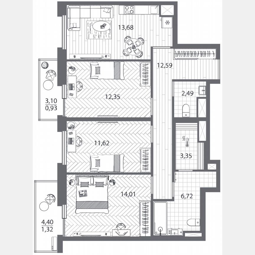 3-к. квартира, 79,1 м², 21/25 эт.