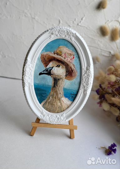 Гусыня в винтажной шляпке, картина маслом в рамке