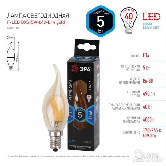 Лампочка светодиодная эра F-LED BXS-5W-840-E14 gol