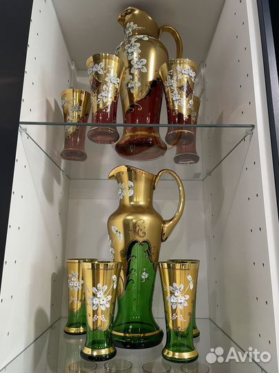 Чешский сервиз из цветного стекла с лепкой