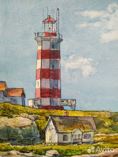 Картина акварель маяк море побережье