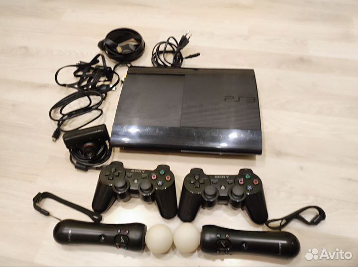 Ps3 Super slim 500gb +2 геймпада, 2 мува, камера