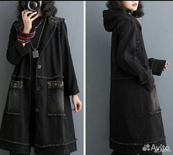 Новый джинсовый плащ с капюшоном