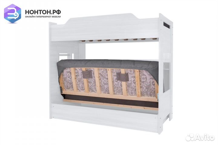 Двухъярусная кровать с диван-кроватью серый / белы
