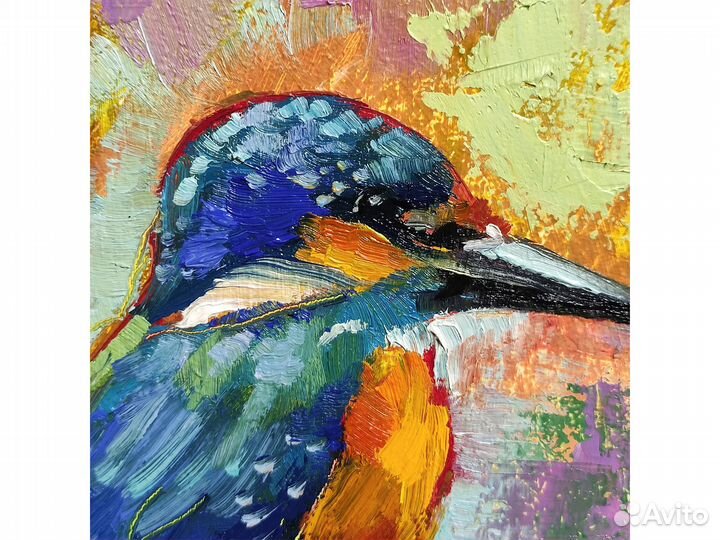 Картина птица зимородок, миниатюра маслом 20х15 см