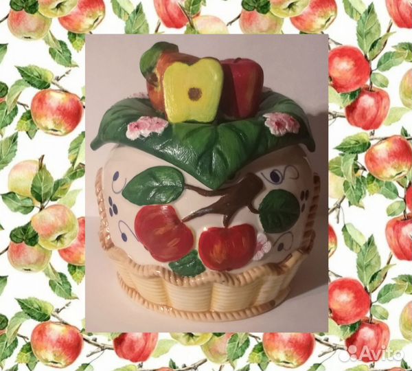 Фарфоровая банка с крышкой яблоки в корзинке 1л