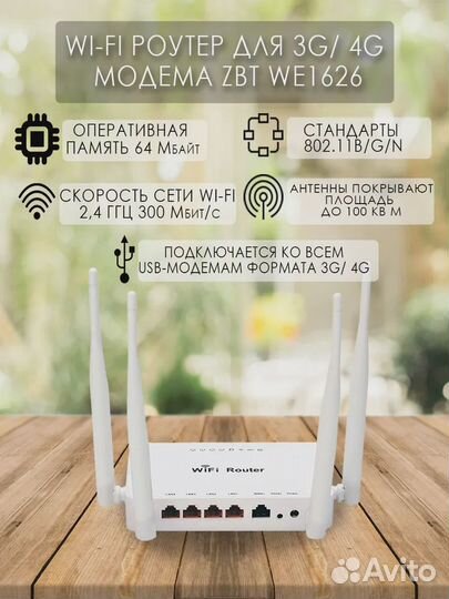 Wi-Fi роутер ZBT-1626 под USB-модем, 4 антенны