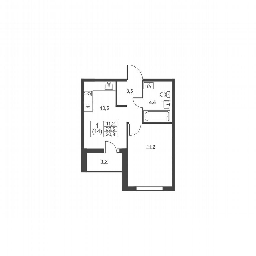 1-к. квартира, 30,8 м², 1/8 эт.