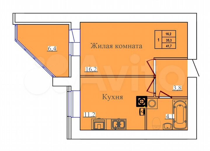 1-к. квартира, 41,7 м², 6/14 эт.