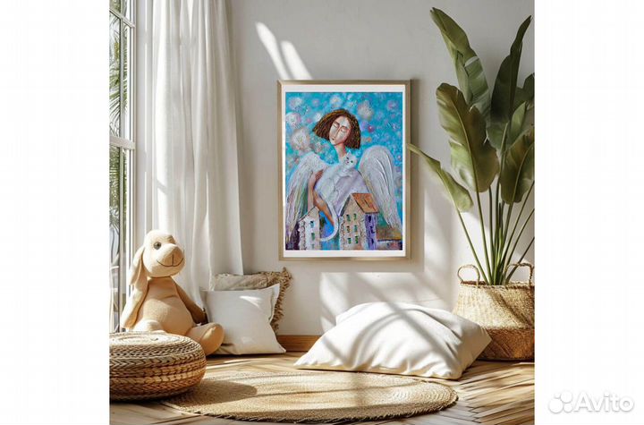 Картина Ангел с белым котом город маслом 40х30 см