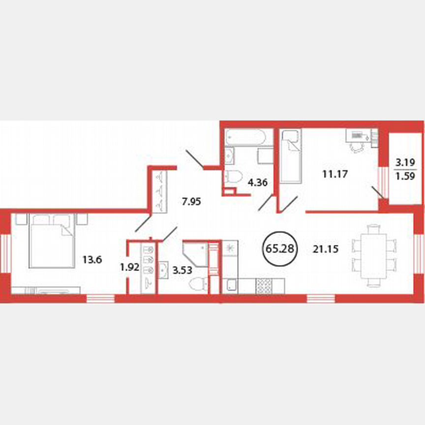 2-к. квартира, 65,3 м², 9/12 эт.