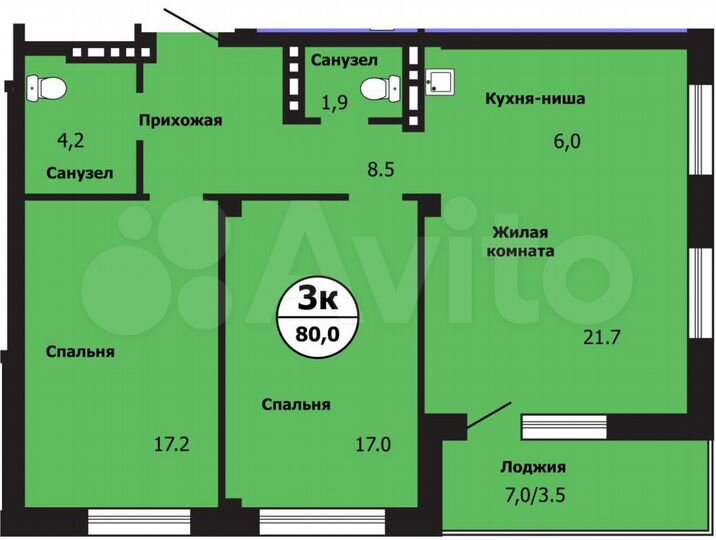 3-к. квартира, 80 м², 9/19 эт.