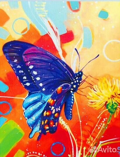 Алмазная мозаика 40x50 Ярко-синяя бабочка и цветок
