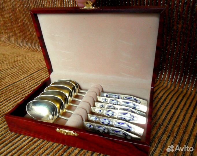 Набор чайных ложек с эмалью, серебро 875 пр. СССР