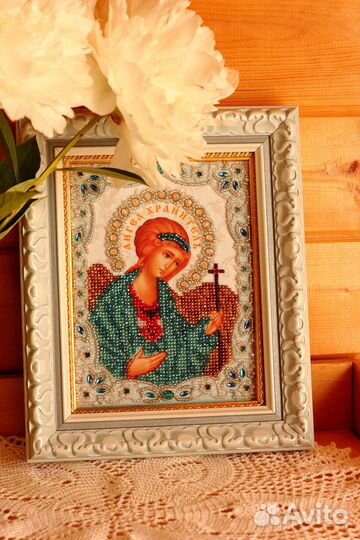 Икона бисером и бусинами Ангел-Хранитель