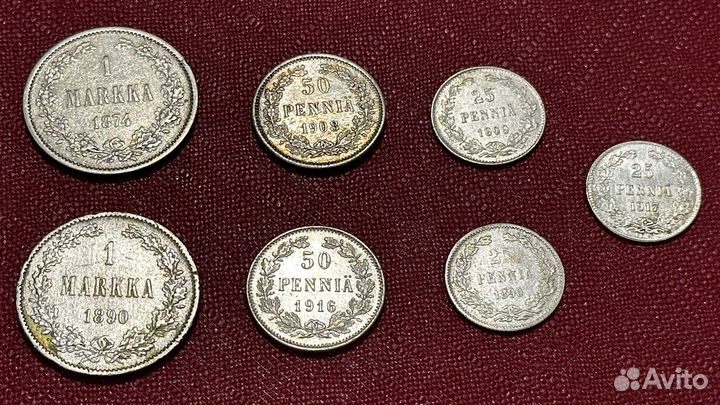 1, 5, 25, 50 pennia, 1 markka Финляндия