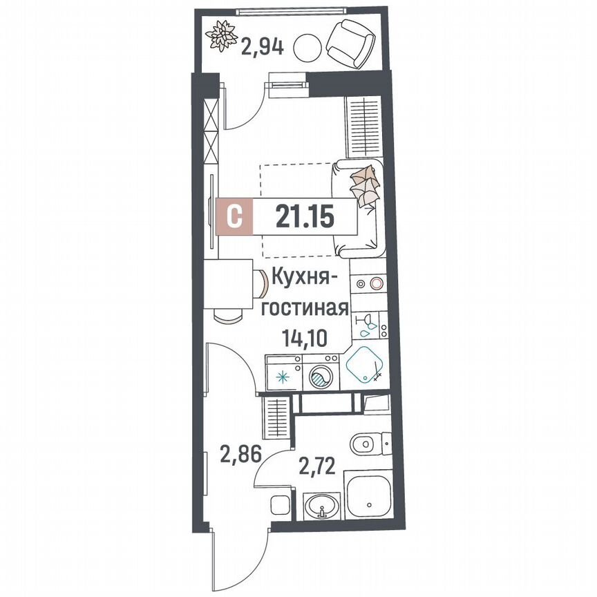 Квартира-студия, 21,2 м², 10/18 эт.