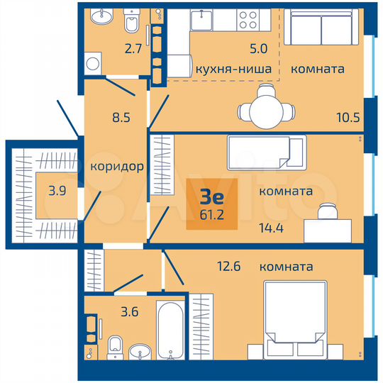 3-к. квартира, 61,2 м², 2/10 эт.