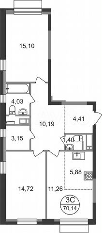 3-к. квартира, 70,1 м², 4/22 эт.