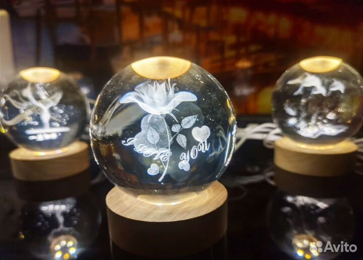 Светильник ночник Хрустальный шар 8см LED в ассорт