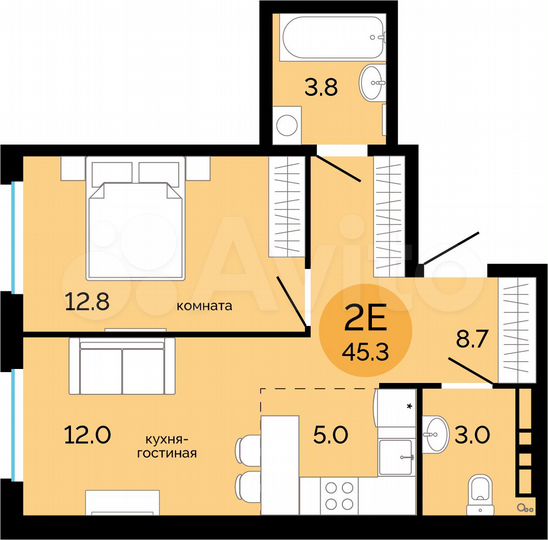 2-к. квартира, 45,3 м², 6/17 эт.