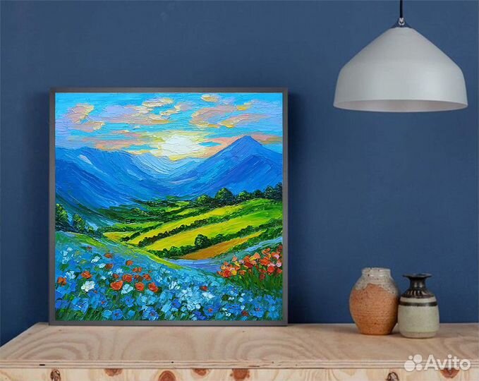 Картина маслом пейзаж, горы, цветы, холст 20х20см