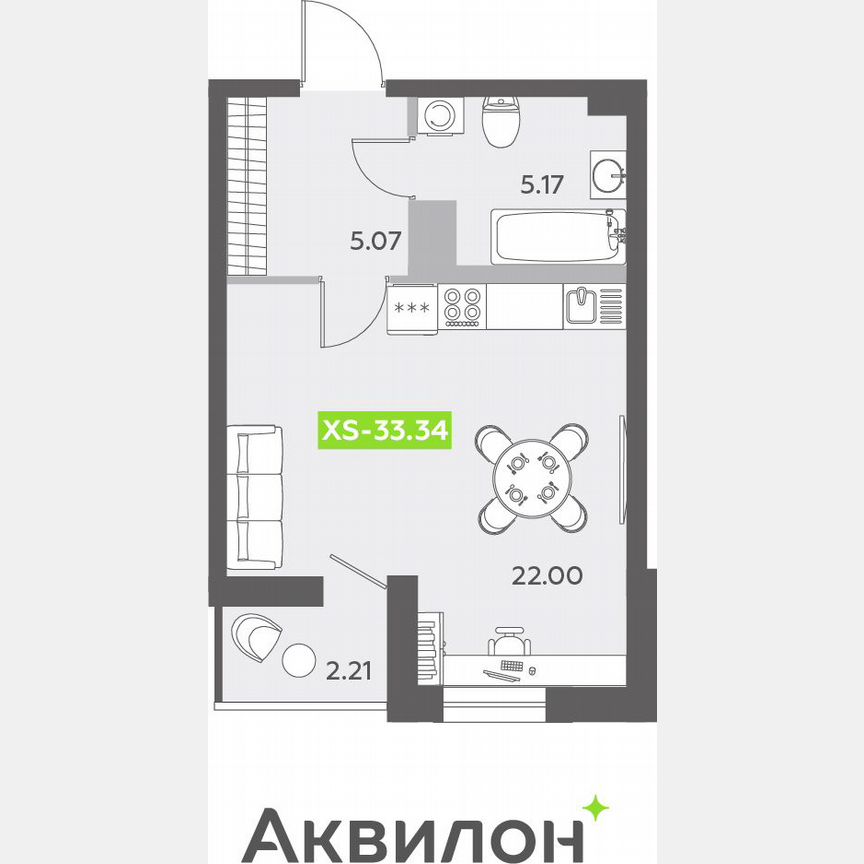 Квартира-студия, 33,6 м², 6/13 эт.