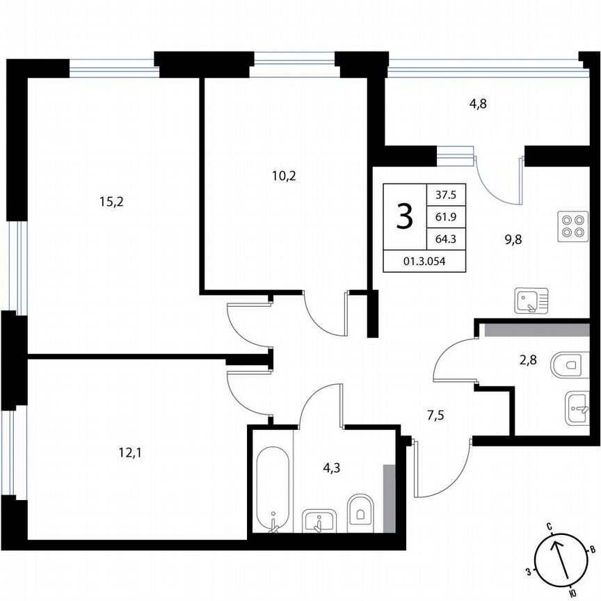 3-к. квартира, 64,3 м², 3/3 эт.